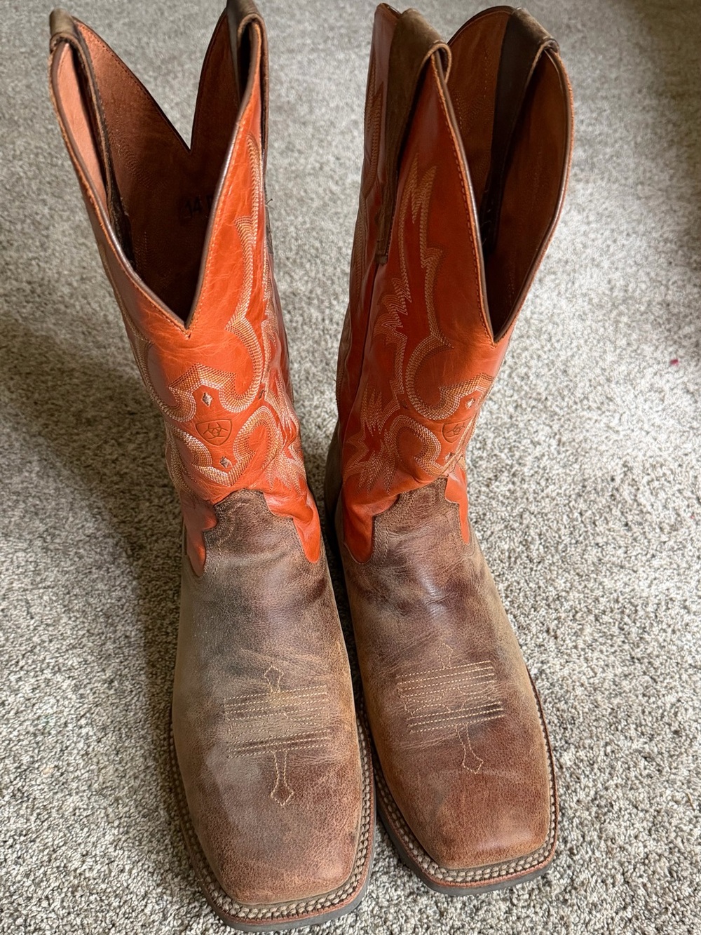 Ariat Brown and Orange Leather Cowboy Boots - Embossed Interior